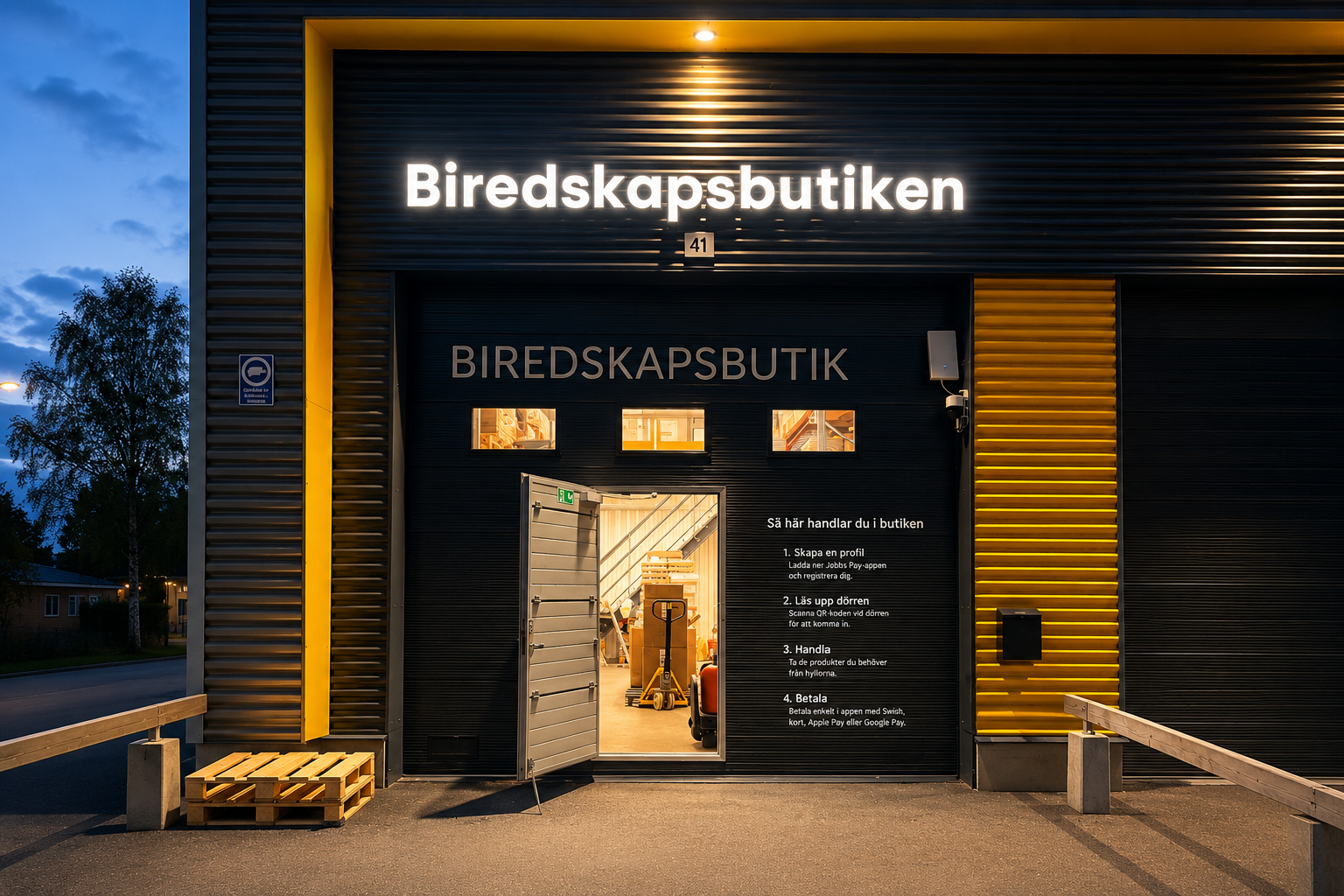 Entrén till Biredskapsbutiken, port 41 i Örebro